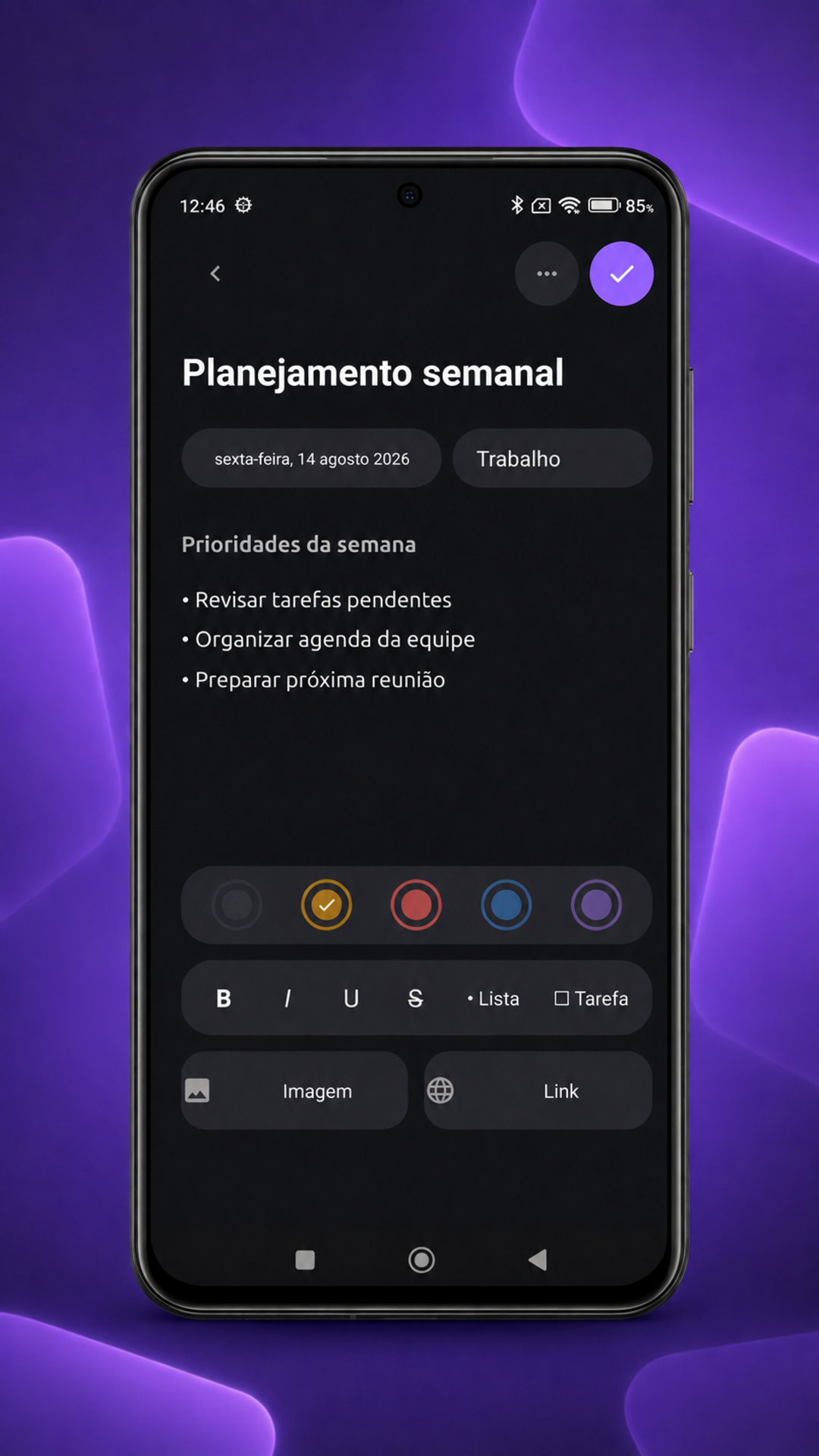 Editor de notas com formatação, cores, imagem e link