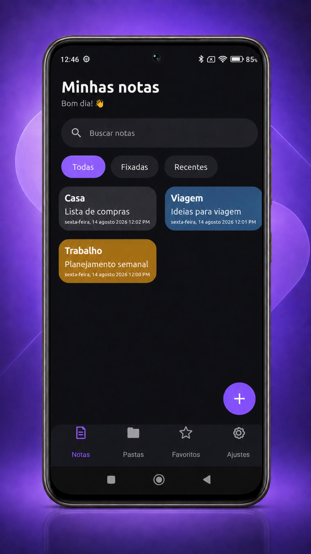Tela inicial com notas organizadas